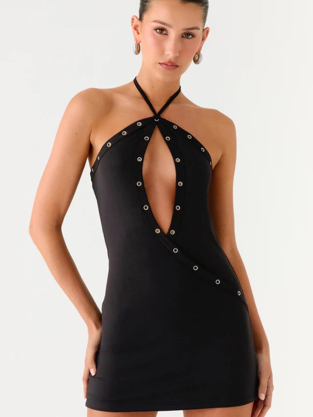 Peppermayo Black Halter Mini Dress with Grommet Trim